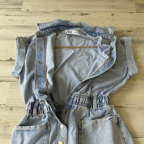 🍁 Zara Denim Mini Overalls Romper Raw Hem Snap Closure Cotton Light Wash Summer - Picture 6 of 16